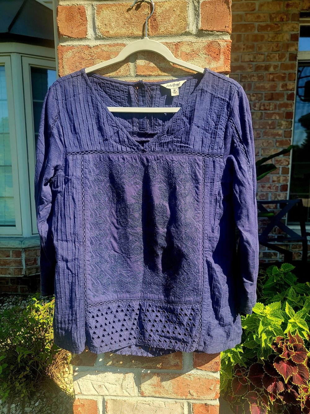 Women's Lucky Brand Navy Embroidered Long-Sleeve Peasant Top